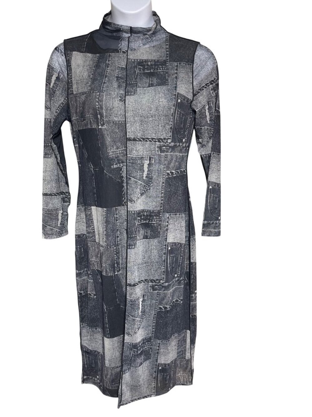 Intempo Womens Gray Patchwork Maxi Dress Button Front Long Sleeve Size 1X Casual